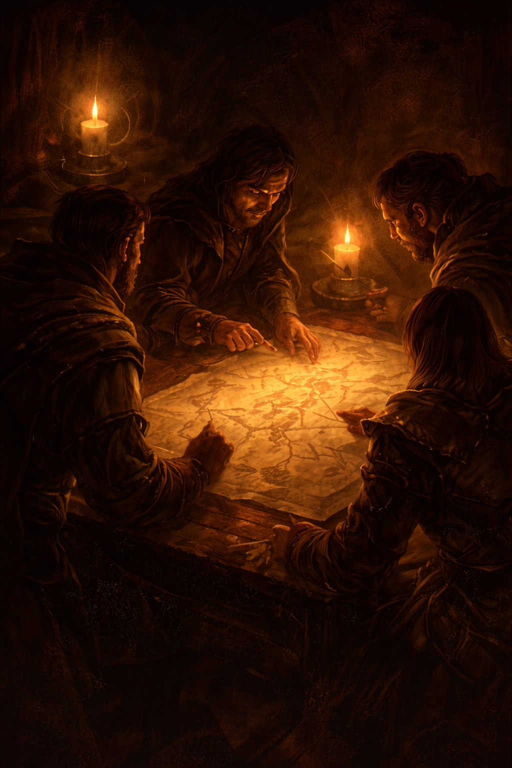 Abenteurer um eine Karte versammelt